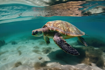 Obraz premium Turtle Swims Underwater in the sea, against the backdrop of beautiful nature, summer day, created with Generative AI