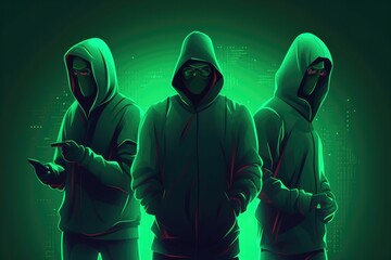 Hacker or thief concept. People in green are standing and protecting themselves from cyberattacks. Generative AI