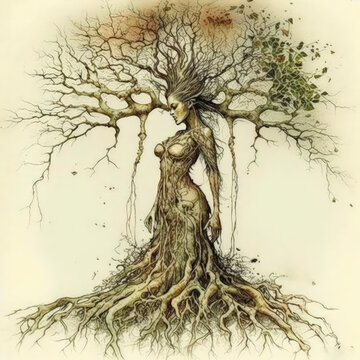 Sepia Female Dryad, Sultry Expression, Generative AI