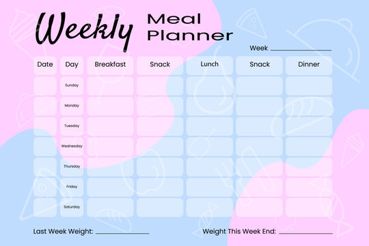 Weekly meal planner. The concept of weight loss, healthy lifestyle. Vector image.