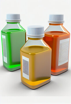Several medical glass bottles with multi-colored liquid on a white background. AI Generated