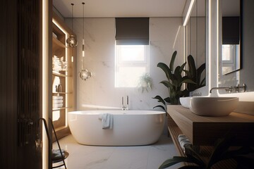 Contemporary bathroom redesign featuring wide-angle view. Generative AI