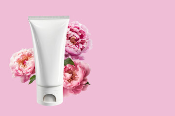 White empty tube mockup and pastel pink peonies on a pink background. Top view, flat style. The concept of natural organic cosmetics.