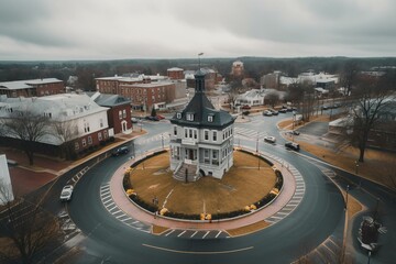 Aerial view of Bardstown, KY on winter day w/ overcast sky, showing roundabout around old courthouse in foreground. Generative AI