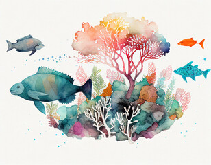 A Watercolor of an Ocean Reef with Fish | Generative AI