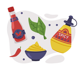 Hot and Spicy Chili Sauce in Plastic Bottle Vector Composition
