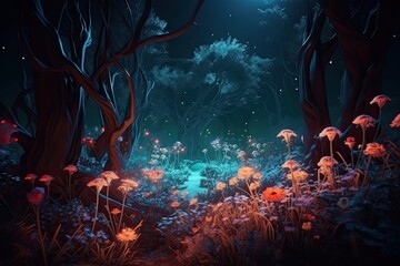 A Majestic and Mystical Wonderland: Luminous Flowers in a Fantasy Forest at Night, Generative AI