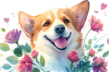 Romantic dog with a delicate flowers. Welsh Corgi Dog with flowers isolated on white background. Close up.
