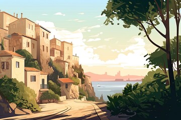 A Summery Street Art Landscape: Touring a City of Trees and Sea Fronted by a Cliff and Sky: Generative AI