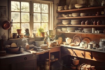 Fototapeta na wymiar A Timeless Country Charm: Inside an Old Farmhouse Kitchen with Pots, Jars and Plates in Morning Sunlight: Generative AI