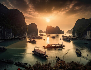 Fototapeta na wymiar Ha Long Bay Vietnam. Beautiful Sunrise. Beautiful Sunset. Boats, water, travel, wanderlust. Generative AI