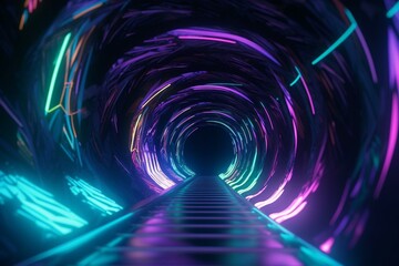 Abstract neon tunnel with blue, purple and green swirls. 3d render. Generative AI