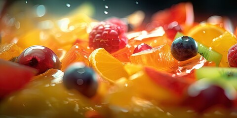 Fototapeta na wymiar Healthy food. fresh mixed fruit salad closeup view by ai generative