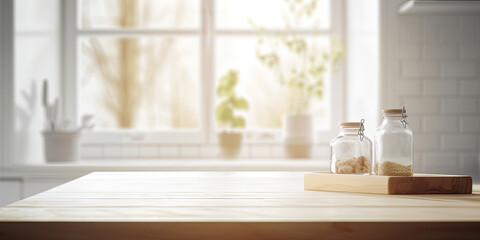 Fototapeta na wymiar Wooden table in modern kitchen interior with daylight. Mockup, Generative AI Illustration