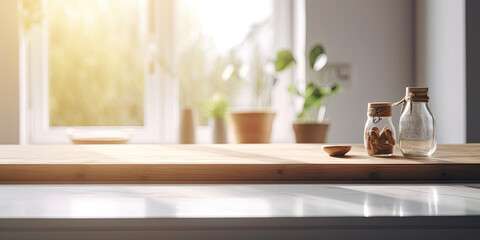Wooden table in modern kitchen interior with daylight. Mockup, Generative AI Illustration