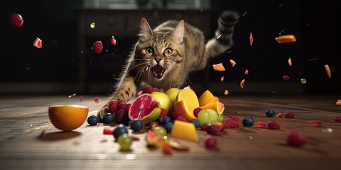 hyper active cat playing fruit in the floor by ai generative