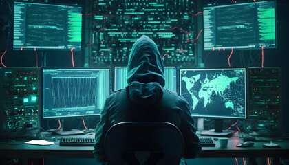 Back view hacker in hoodie working in dark neet, crypto theme neon color. Generation AI - obrazy, fototapety, plakaty