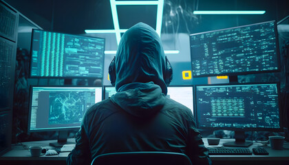 Back view hacker in hoodie working in dark neet, crypto theme neon color. Generation AI