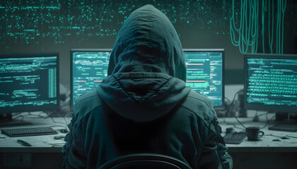 Back view hacker in hoodie working in dark neet, crypto theme neon color. Generation AI