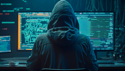 Back view hacker in hoodie working in dark neet, crypto theme neon color. Generation AI