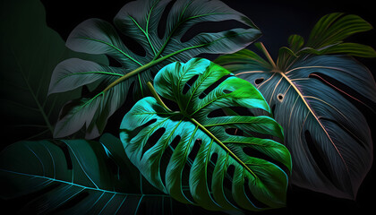 Fototapeta na wymiar Flat lay tropical green leaf and palms background, dark nature concept.Generation AI