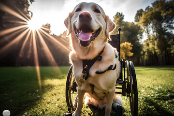 Handicapped dog in wheelchair at park, pet disabled walk in summer day. Generation AI