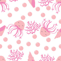 Children's seamless pattern with jellyfish, corals and pink shells.