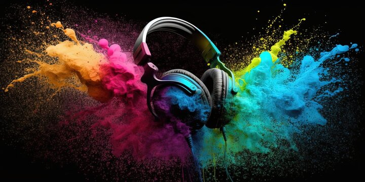Headphone with color powder splash isolated on black by ai generative