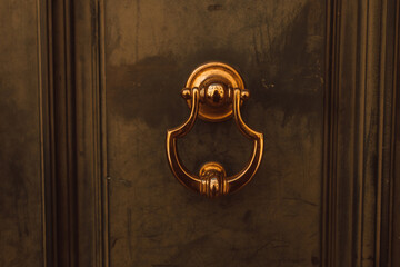 Luxurious wooden door with golden knocker. High quality photo