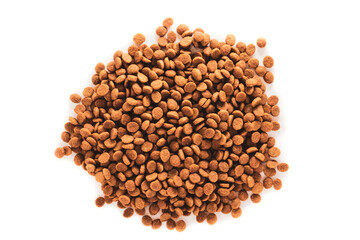 Cat food. Pile of dry cat, dog food isolated on white background