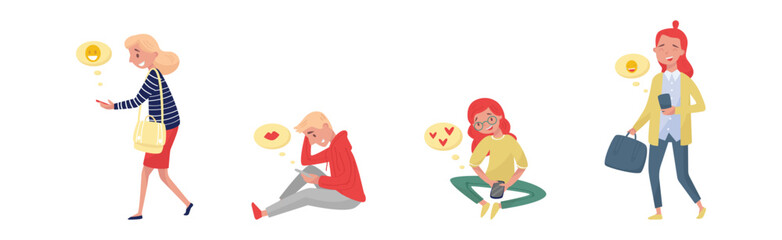 Young Man and Woman with Smartphone Social Networking Vector Illustration Set