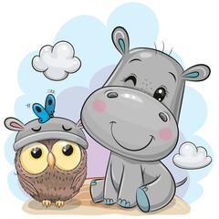 Cartoon Hippo and owl on the meaow