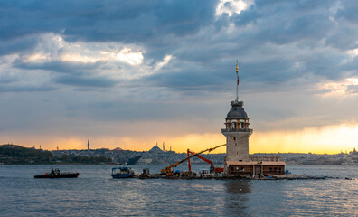 Maiden's Tower in Istanbul, Turkey (KIZ KULESI - USKUDAR). Istanbul’s Maiden’s Tower getting a new look. Construction of the Tower.