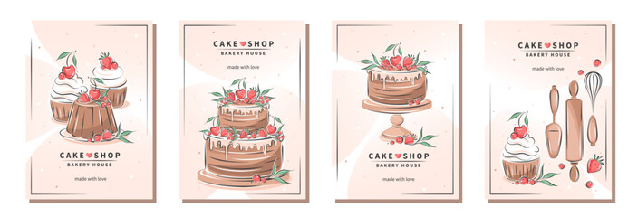 Set of design sample flyers for pastry and bread shop, cooking, dessert, sweet products. Cake shop, bakery house. Vector illustration for poster A4, banner, menu, advertising.