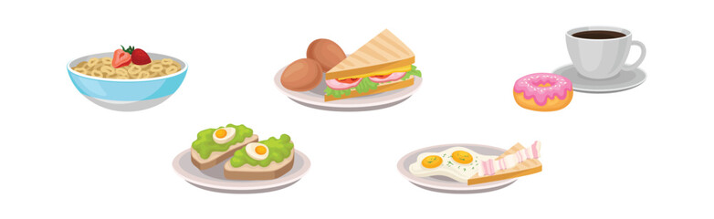 Breakfast Food with Sandwich, Scrambled Egg, Coffee and Donut Vector Set