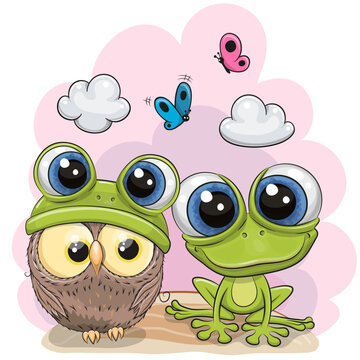 Cartoon Frog and owl on the meadow