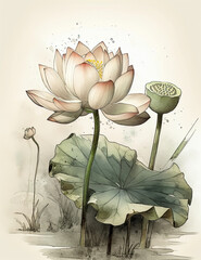 Lotus flower, asian style watercolor art, beautiful serene wall art, clip art, digital asset. Generative AI