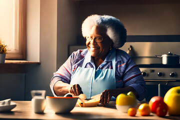 Fototapeta na wymiar Smiling happy grandmother with satisfaction on face prepares breakfast in the kitchen at early morning. Concept of active age. Generative AI