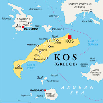 Kos, Greek island, political map. Also Cos, part of the Dodecanese Islands in the Aegean Sea, next to the Turkish Bodrum Peninsula. With Kalymnos, Nisyros, Pserimos, and smaller neighbouring islands.