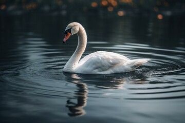 A swan glides peacefully on the serene water surface. Generative AI