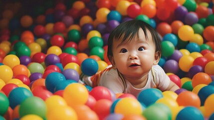 Fototapeta na wymiar Happy asian cute baby cute baby in colorful ball pit. Vibrant colors of balls contrast beautifully with the baby's innocent expressions and chubby cheeks. Imitation Canon 5D Mark 2, ai-generated