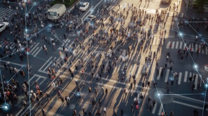 AI generated, crowd of people walking along busy urban city streets while an advanced system of facial recognition scans each person, Big Data analysis 