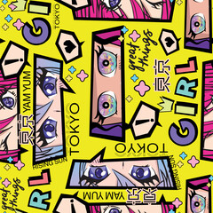 Anime girl seamless pattern with street art style headphones with cat ears, comic boards with manga teenagers.  girlish comics repeat print.
