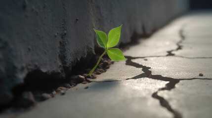 a small green sapling emerging from a crack in a concrete surface. Generative AI