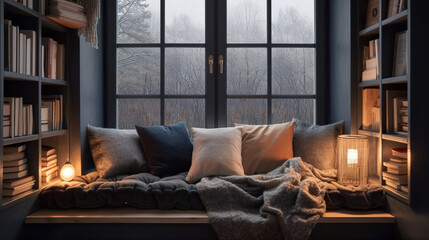 A window seat with pillows and a blanket on it. AI generative. Dark academia style, victorian style mansion interior design with wooden stairs.