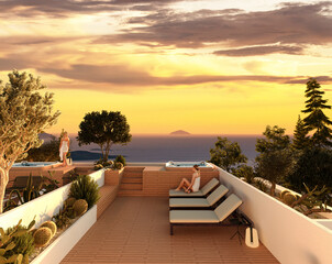3D rendering of roof terrace, covered in decking with jacuzzi and plants and vegetation used as decoration