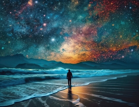 Psychic wave, beach, travel, wanderlust, galaxy, one with nature, standing in awe. generative AI