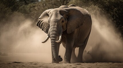 Fototapeta na wymiar A Large Pachyderm in Uprising Dust: Witness Wildlife in Its Natural State: Generative AI