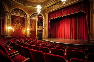 A Timeless Glimpse Inside an Audience Room: Red Velvet Curtain with Gold Trim and a Grand Stage: Generative AI