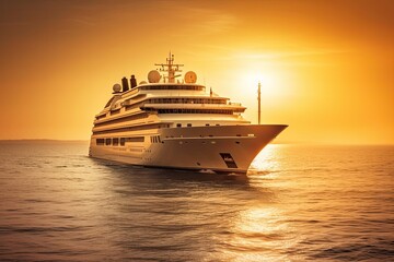 Fototapeta na wymiar A Millionaire's Voyage at Sunset: Luxury Mega Yacht Cruising the Caribbean Sea: Generative AI